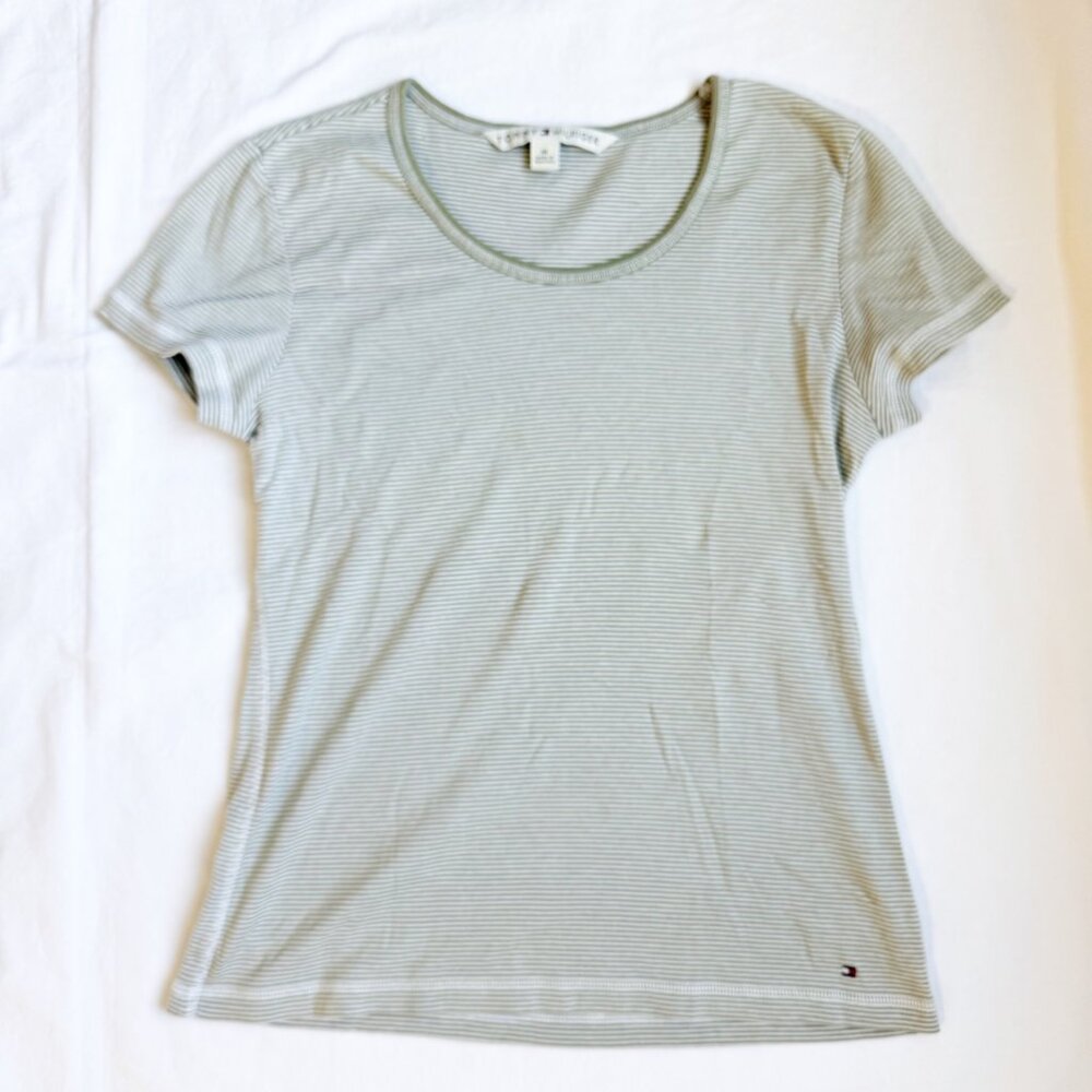 Tommy Hilfiger Womens Striped Scoop Neck Tee Sage Green Medium Embroidered